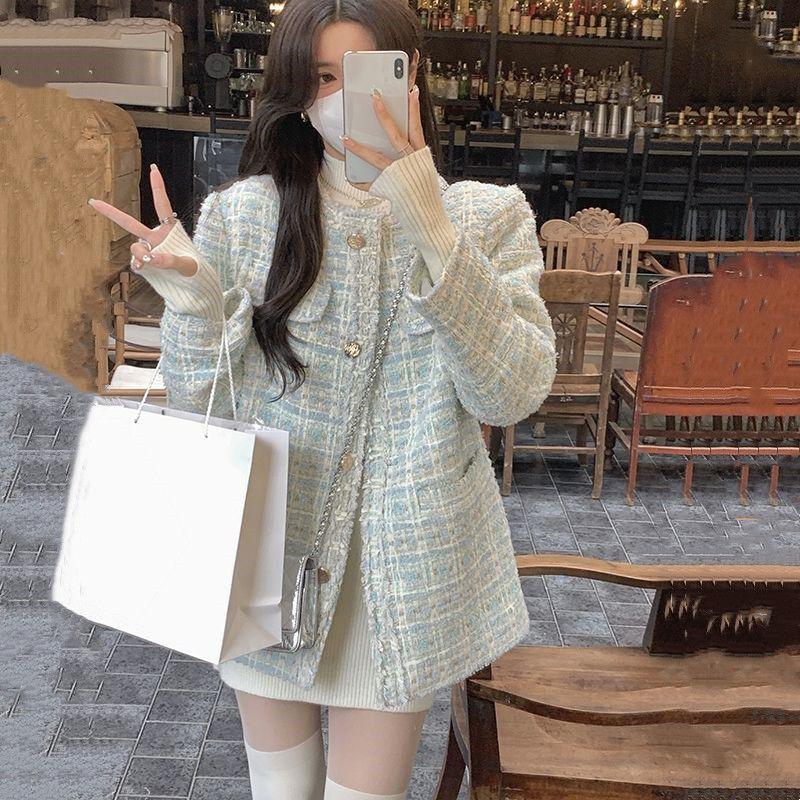 

Pants Spring New Blue Woven Tweed Short Suit Coat Women's Loose Round Neck Heavy Industry Ladies, Turquoise