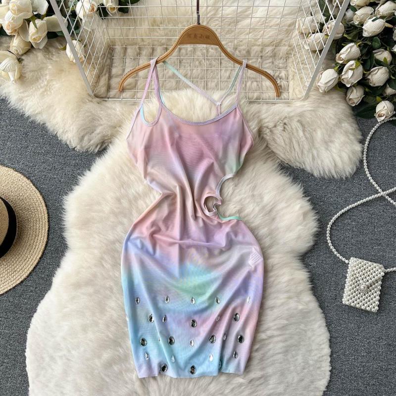 

Casual Dresses Pure Desire Wind Sexy Temperament Design Sense Girl Hollow Mesh See-through Halter Color Dress, As the picture