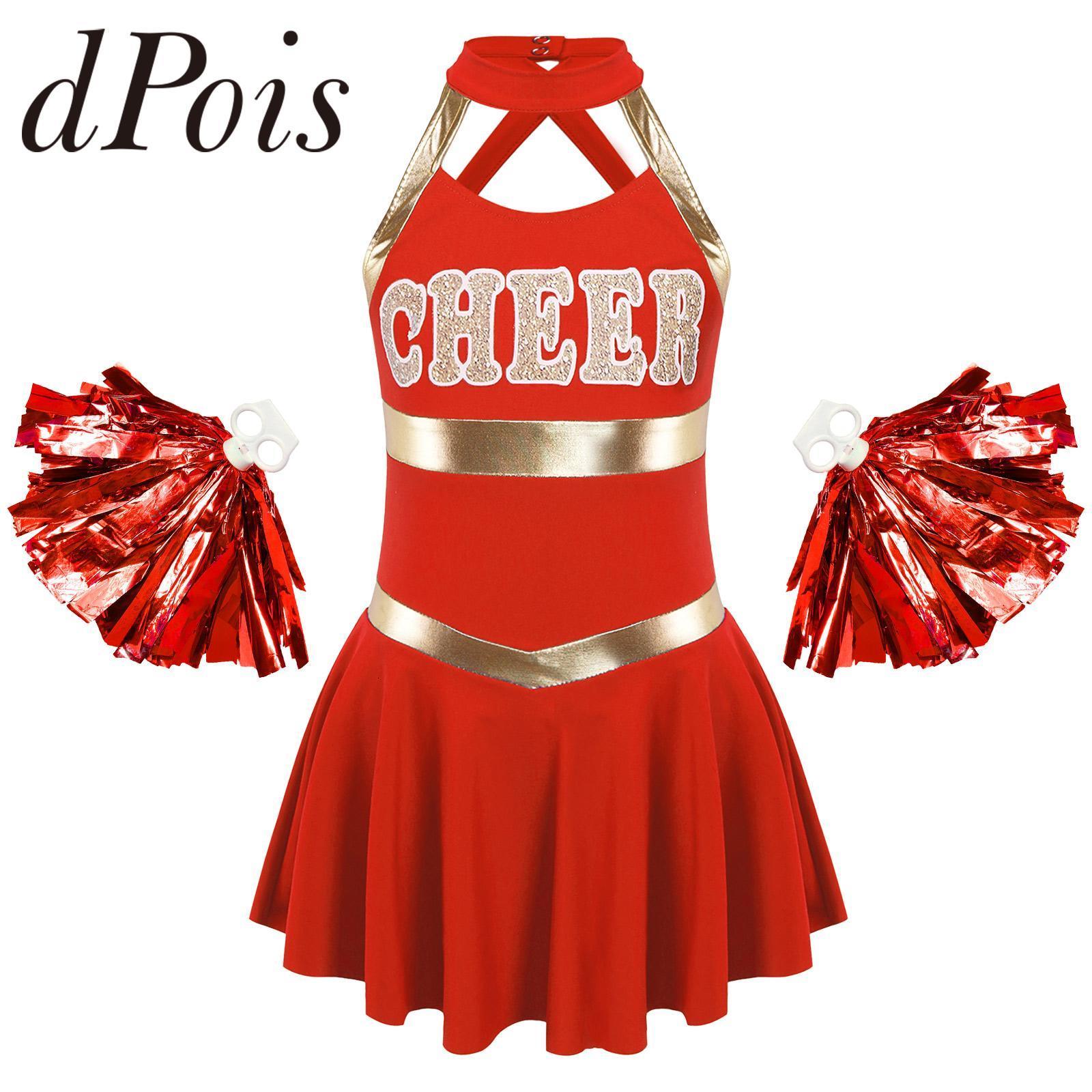

Cheerleading Kids Girls Sleeveless Letters Printed Dance Dress with Tassel Flower Balls Sets for Cheerleading Costume Cheerleader Uniforms 230420