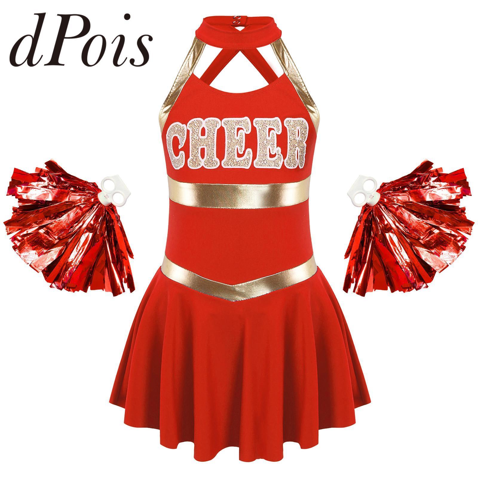 

Cheerleading Kids Girls Sleeveless Letters Printed Dance Dress with Tassel Flower Balls Sets for Cheerleading Costume Cheerleader Uniforms 230420