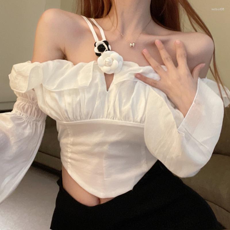 

Women's Blouses Irregular Ruffles Casual For Women Almighty Flare Long Sleeve Slash Neck Solid Colours Femme Crop Shirt Tops Chic Blusas, Black