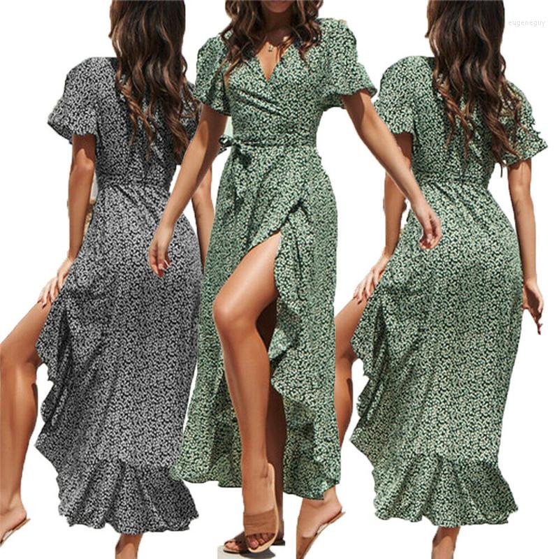 

Casual Dresses Fashion Women Clothes Wrap Summer Boho Floral V-Neck Maxi Print Dress Ladies Holiday Beach, Green