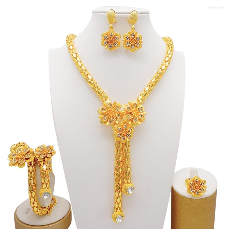 

Necklace Earrings Set Fine Dubai Gold Color For Women African India Party Wedding Bracelet Ring Jewellery Gifts, Picture shown