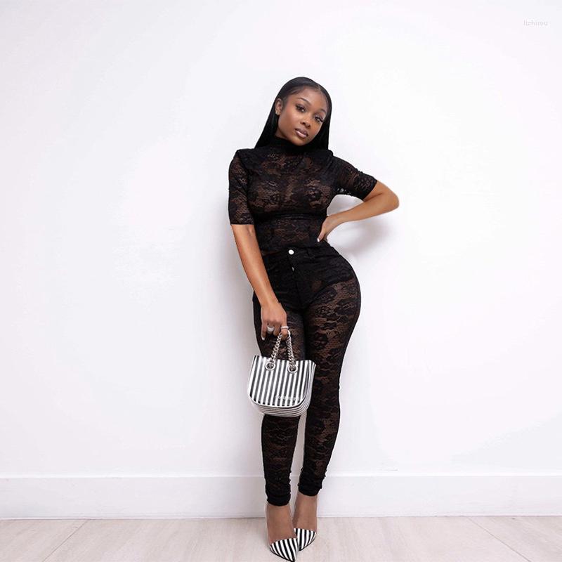 

Women' Two Piece Pants Women Perspective Top And Pant Sets Sexy Sheer Lace Two-piece Nightclub Suit Set Summer See Through Leggings, Black