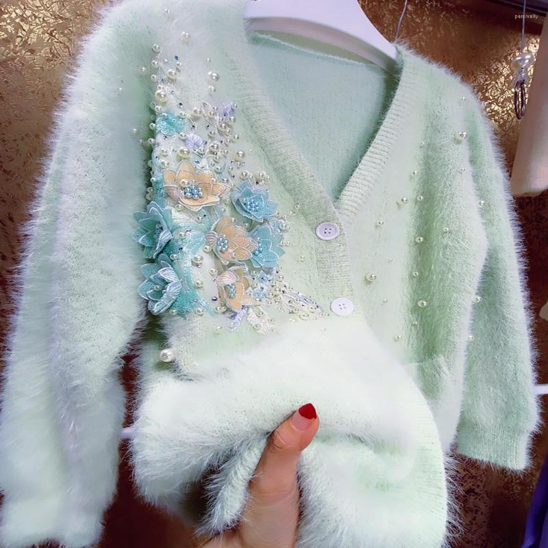 

Women's Knits Heavy Industry Pearl Rhinestone Cardigan Women V-neck Three-dimensional Flower Thickened Plush Sweater Outwear, As photo