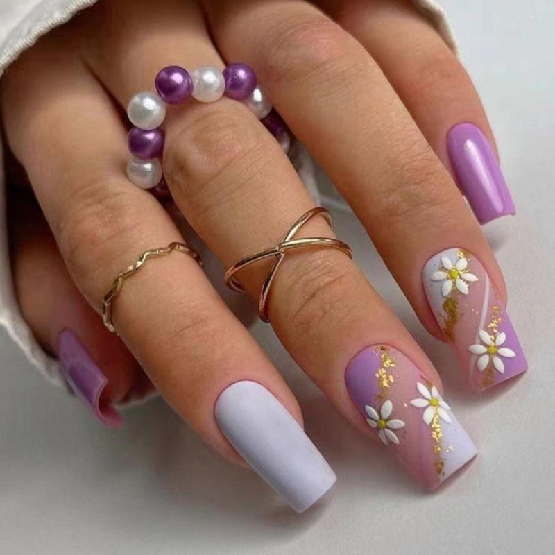 

False Nails 24pcs Nail Tips Fake Nials Gold Glitte DIY Press On Long Square French Blue Purple, Jp2393