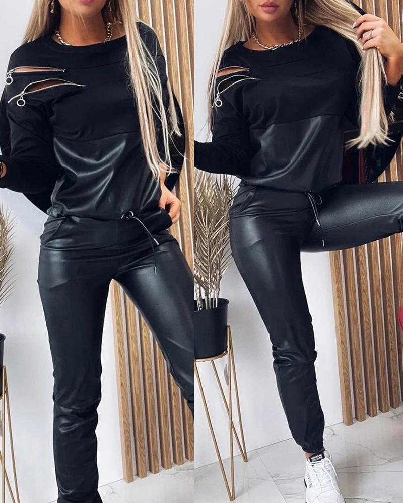 

Pants SPRING WOMEN ZIPPER DESIGN PU LEATHER PATCH TOP DRAWSTRING PANTS 2022 NEW FEMME TRACKSUIT SET LADY SPORTY JOGGER CLOTHING TRAF, Black-02