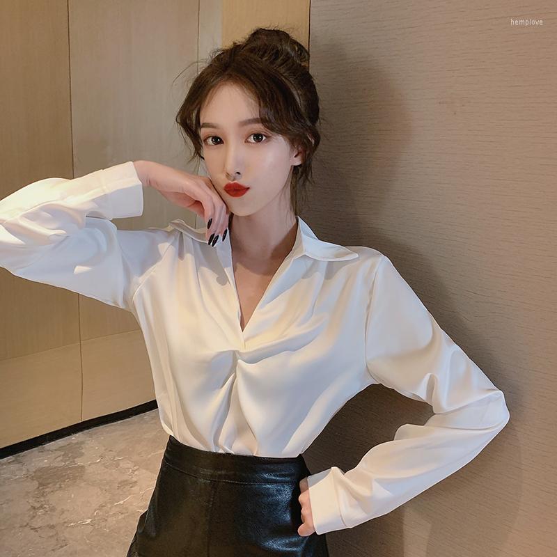 

Women's Blouses Korean Office Ladies Blouse Fashion Harajuku Satin Silk Shirt Women Elegant Vintage Pleated Polo Collar Long Sleeve Shirts