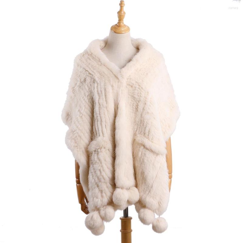 

Scarves Luxury Women's Genuine Real Knitted Fur Lady Pashmina Wraps Autumn Winter Women Cape Shawls Scarfs Pom Poms
