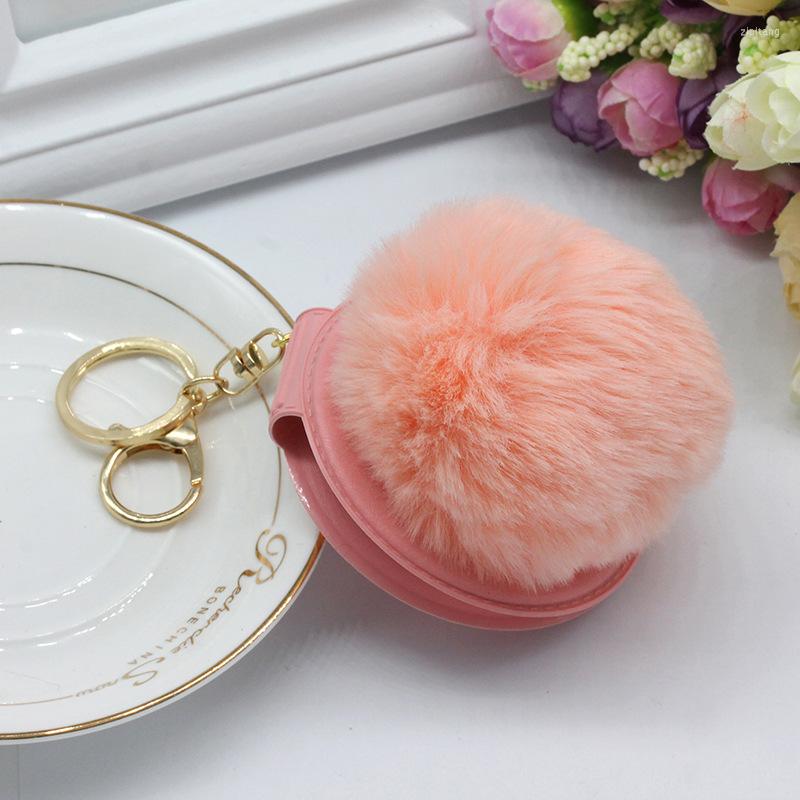 

Keychains 1Pcs 28 Color Cute Puff Ball There Mirror Simple PU Makeup Kids Woman Small Gift Accessories Pom
