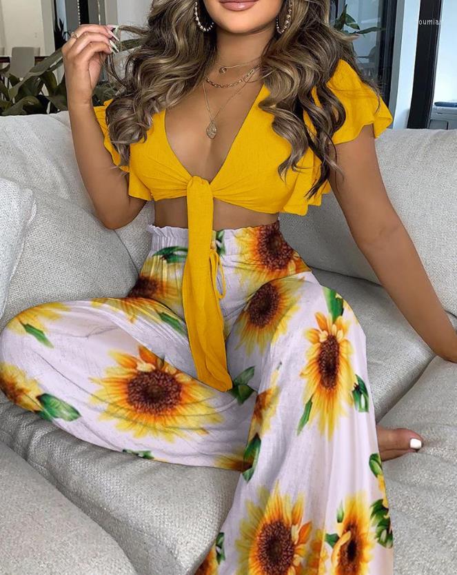 

Women's Two Piece Pants Sets Womens Outifits 2023 Summer Fashion Plain Ruffles Tie Front V-Neck Short Sleeve Top & Sunflower Print Set