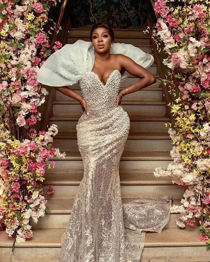 

Party Dresses 2023 African Mermaid Prom Arabic Aso Ebi Sparkly Sequins Formal Evening Gowns With Pearls Special Occasion Custom, Black