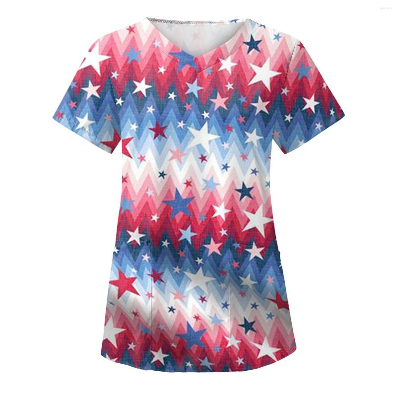 

Women's T Shirts Women's Summer Independence Day Printed Care V Neck Shirt Long Striped, Hot pink