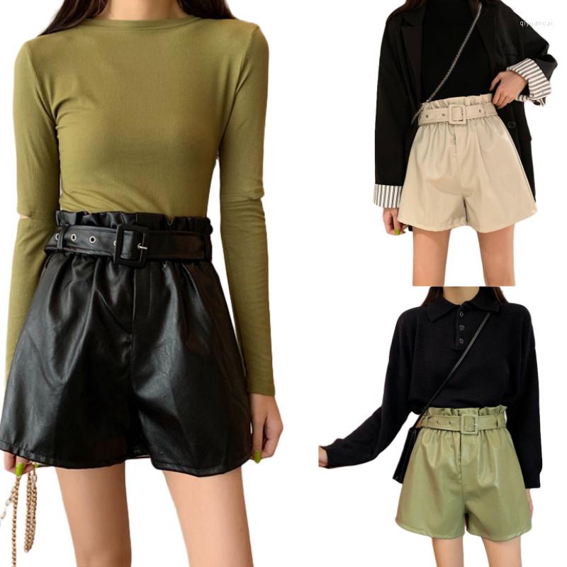 

Women's Shorts Women PU Leather Pleated Waist Adjustable Belt Basic Solid Color Loose Hem