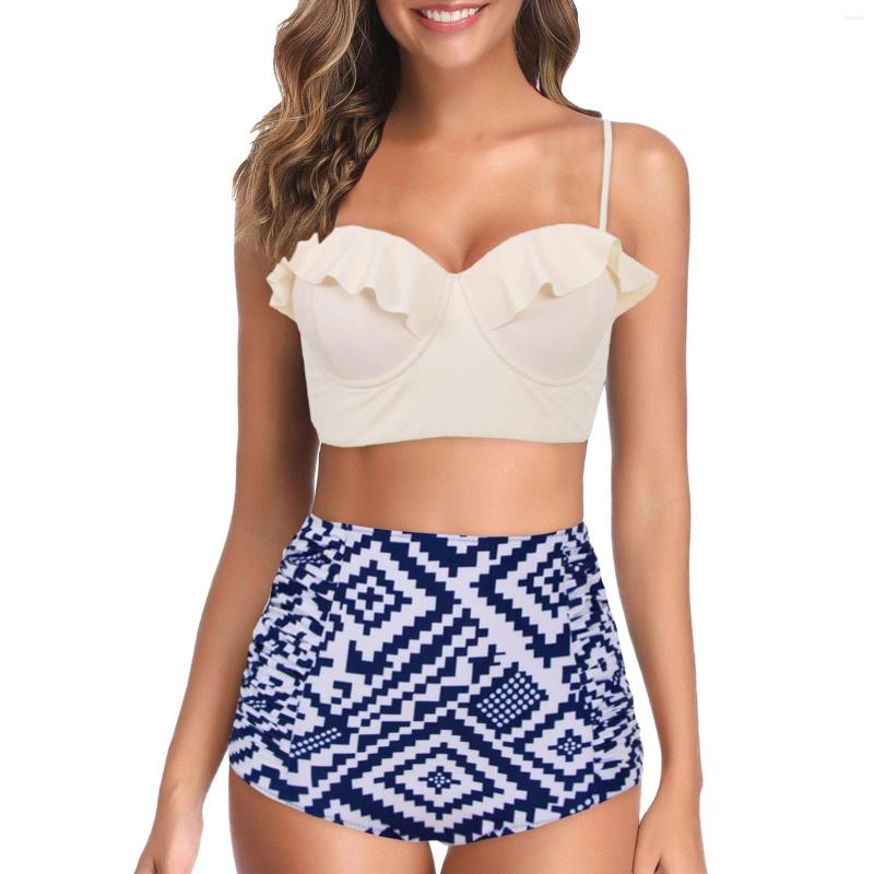 

Women' Swimwear 2023 Fashion Bikini Women Swimsuit Ruffle Ladies Sexy Printed Mujer Set Leaf Hard Pack Split Biquinis, Blue