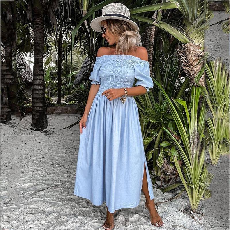 

Party Dresses Foridol Light Blue Off Shoulder Casual Dress Slip Maxi Long Summer Solid Half Sleeve Slash Neck Elegant Female ClothingParty, White