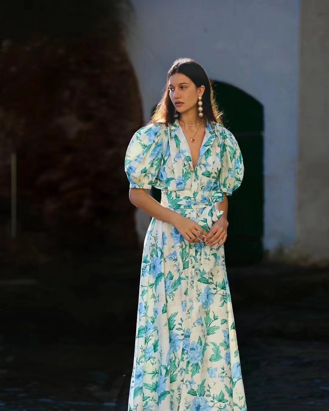 

Casual Dresses Women Organic Cotton Blue Floral Printed Puff Short Sleeve Waist Laceup Long Dress 230420, Beige