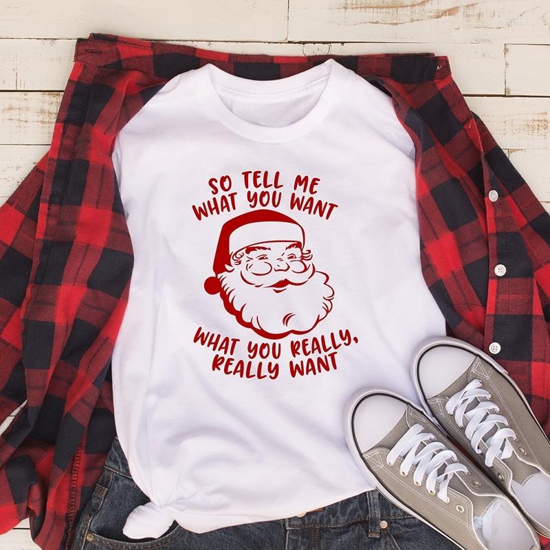 

Women' T Shirts Casual Pure Christmas Tees Art Top Tell Me What You Really Want Fashion Cute Santa Avatar Letter Print Women T-shirts, Black - red txt