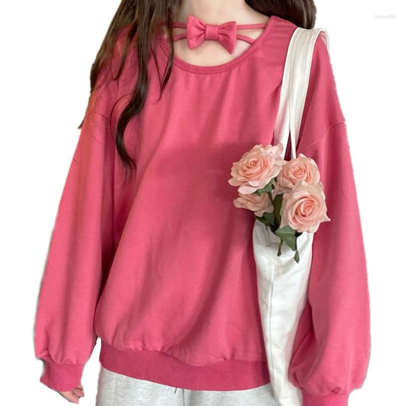 

Women's Hoodies Spring Sweet Women Hollow Out O-neck Sweatshirt Stitching Bow Kawaii Solid Pink Pullovers Teenagers Girls Streetwear, Rosepink