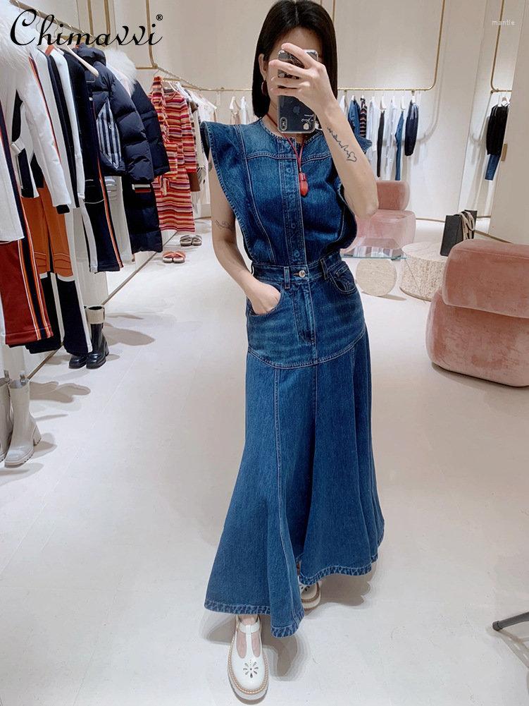 

Casual Dresses 2023 Spring Summer Fashion Elegant Flying Sleeves Ankle-length Dress Women' Cinched Slimming Long Blue Denim