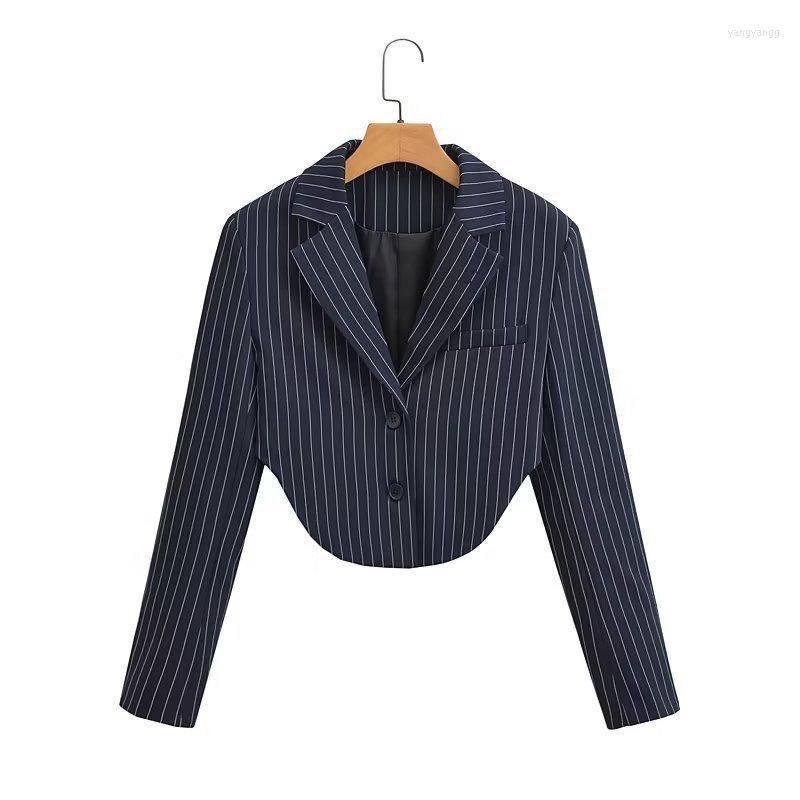 

Women' Suits LRH/1400tp European And American Cross-Border Women' Clothing 2023 Spring Curved Hem Striped Short Style Suit Jacket, Navy blue