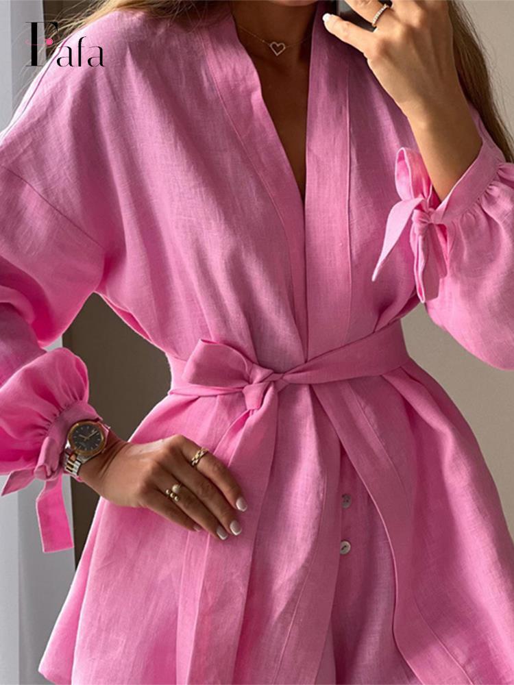 

Dress WOMEN LACE UP SHIRTS SHORTS 2 PIECE SETS ELEGANT LONG SLEEVE TOPS + HIGH WASIT SHORTS SUIT 2022 CASUAL LOOSE FEMALE OUTFITS, Blue