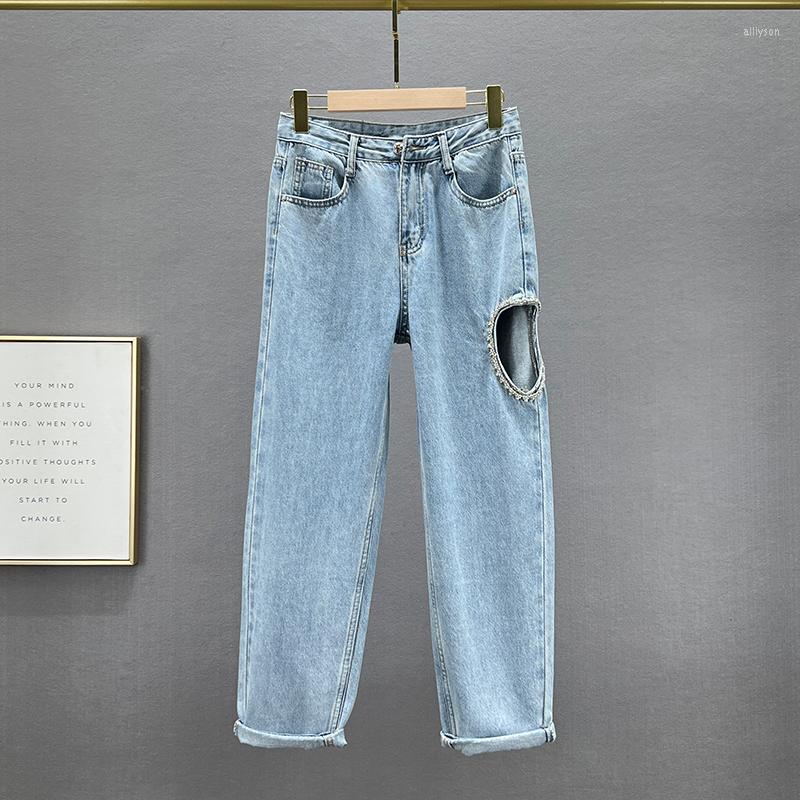 

Women' Jeans Diamonds Hollowed Out For Women 2023 Spring Fashion High Waist Loose Denim Pants Girls Students Streetwear Jean Femme, Light blue