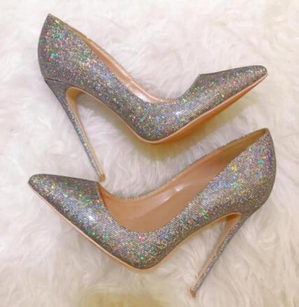 

fashion Women pumps silver glitter point toe bride wedding shoes high heels genuine leather real po 12cm 10cm bra5810901, Grey