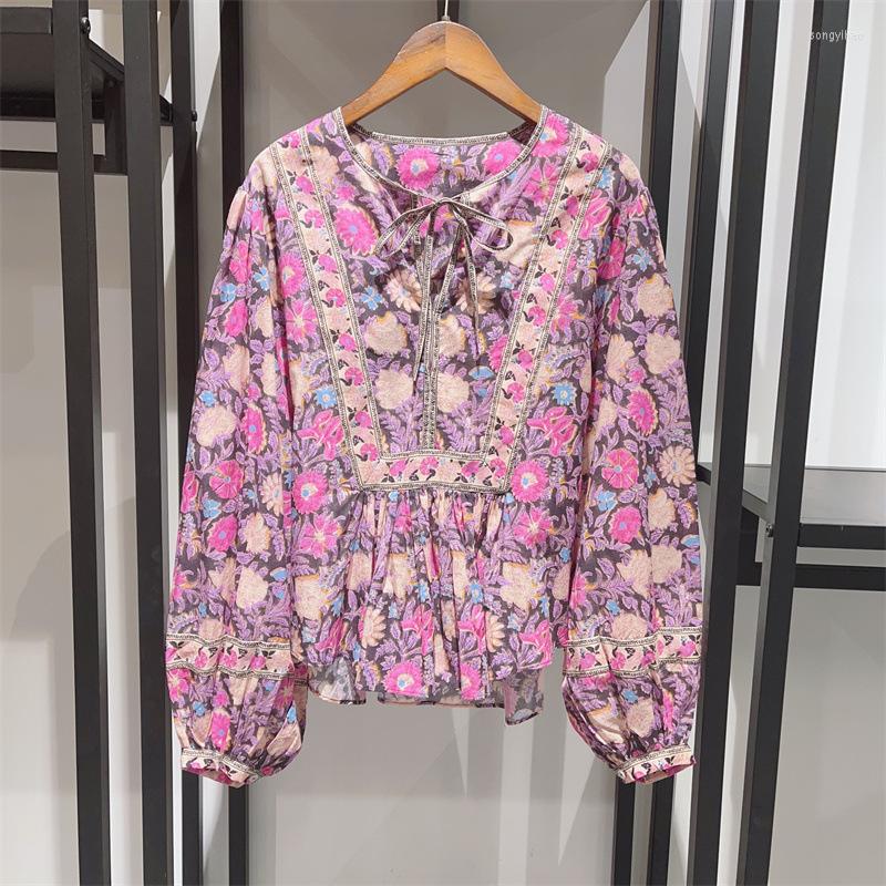 

Women's Blouses 2023 Spring And Summer Luxury Floral Print Tie Collar Lantern Sleeve Blouse Ladies Shirt, Green midi skirt