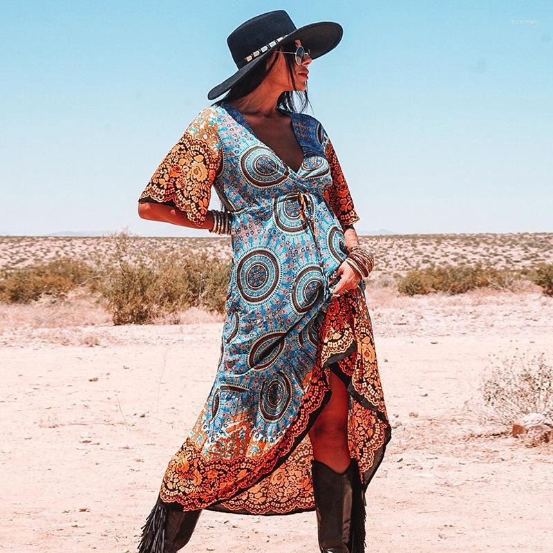 

Women's Swimwear AYUALIN Boho Beach Long Dresses For Women Robe Bikini Cover Up Summer 2023 Vintage Flare Short Sleeve Cotton Floral Print