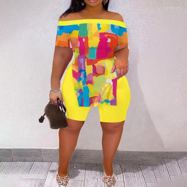 

Women' Tracksuits 2023 Women' Summer Off-Shoulder Letter Floral Print Slit Hem Short Sleeve Casual And Comfortable Tight Shorts Suit, Gray
