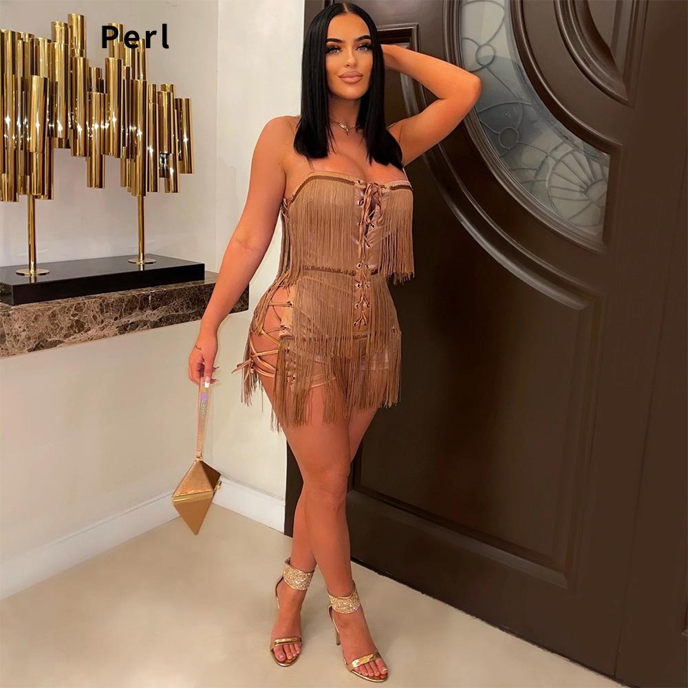 

Dress Perl Sexy Suspenders Straps Tassel Fashion Leak Back Tight Suit Women Sling Khaki Shorts Set Summer Two Piece Outfit 2022