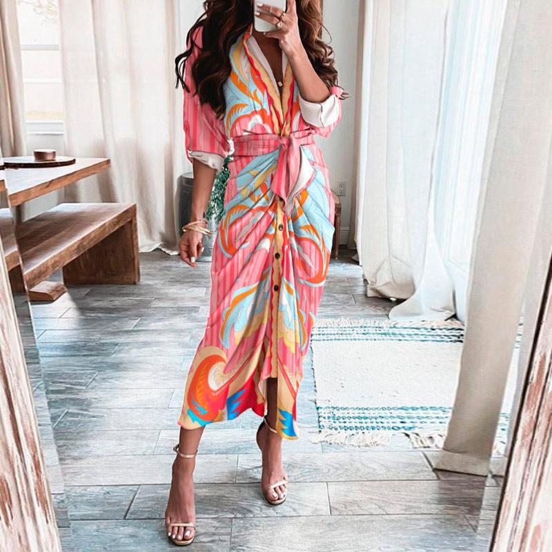 

Shirt Dresses Fashion Short Sleeve Solid V Neck Beach Maxi casual woman dress Summer Elegant Button Ruched Bandage, 02 leopard