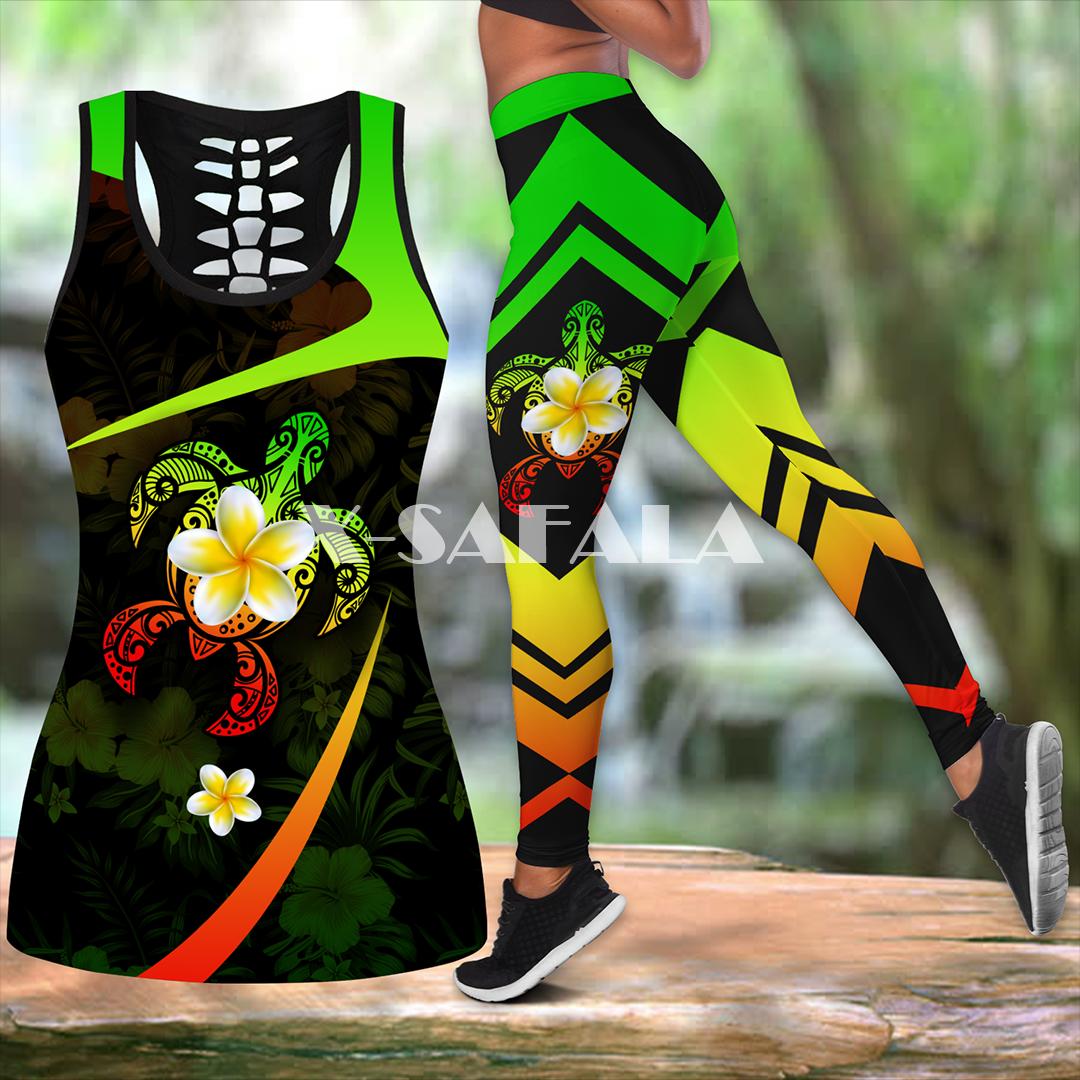 

Pants Polynesian Hawaii Turtle FlowerTwo Piece Yoga Set Women 3D Print Vest Hollow Out Tank Top High Waist Legging Summer Casual Sport