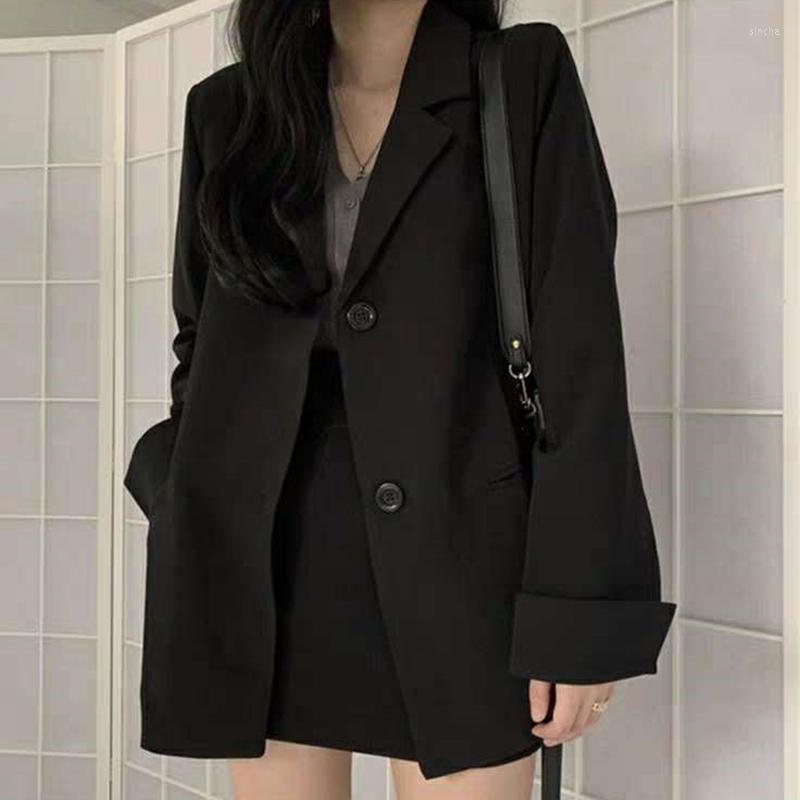 

Women' Suits Blazer Women 2023 Solid Long Sleeve Notched Korean Fashion Black Button Up Office Ladies Loose Coats Outwear XXL