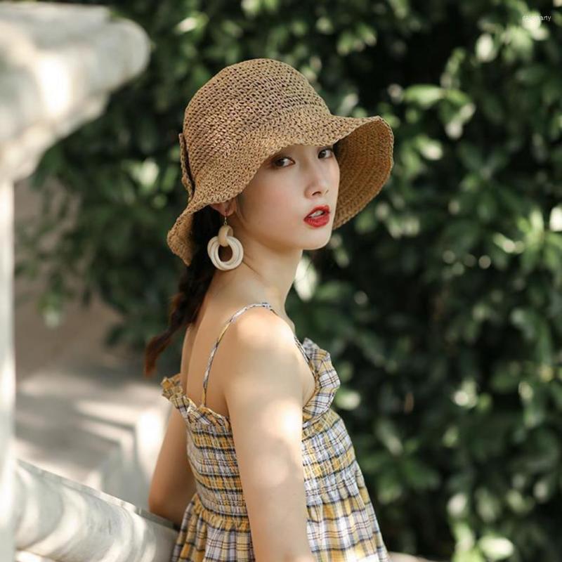 

Wide Brim Hats Small Bim Split Straw Women Hat Female Summer Sun Protection Bow Bucket Foldable Holiday Beach, Navy blue