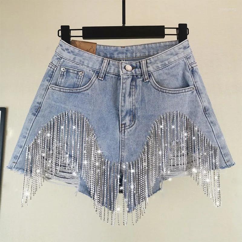 

Women' Shorts Korean Fashion Tassel Chain Women' Denim 2023 Summer High Waist Sexy Jeans Heavy Industry Nail Bead Pants Female, Light blue