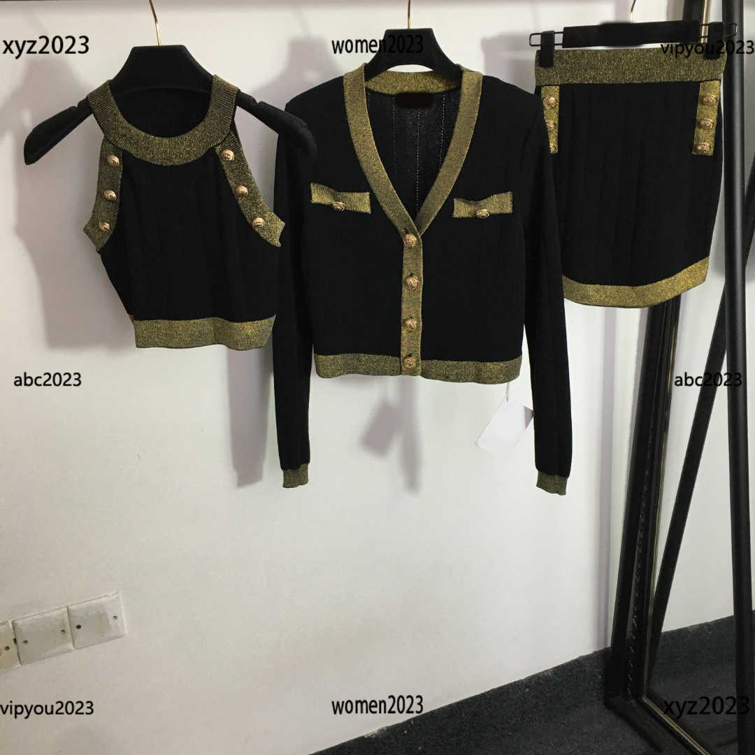 

womens three Piece Dress high quality Fashion dress sets 3pcs Suspended vest single breasted cardigan and short skirt April18, #1