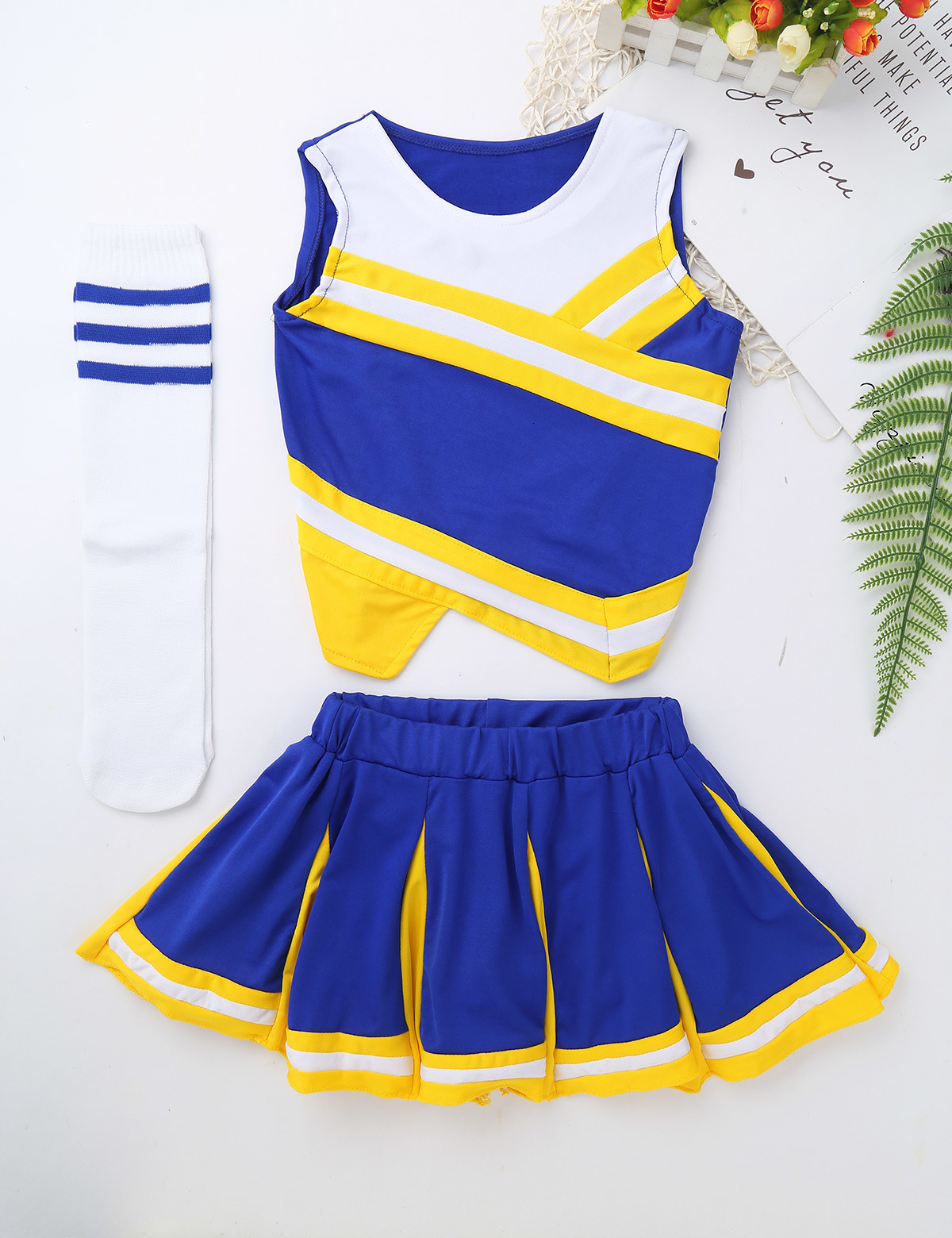 

Cheerleading Kids Girls Cheerleading Uniform Carnival Dance Clothing Fancy Dress Oufit Tops with Skirt Socks Set for School Stage Performance 230420
