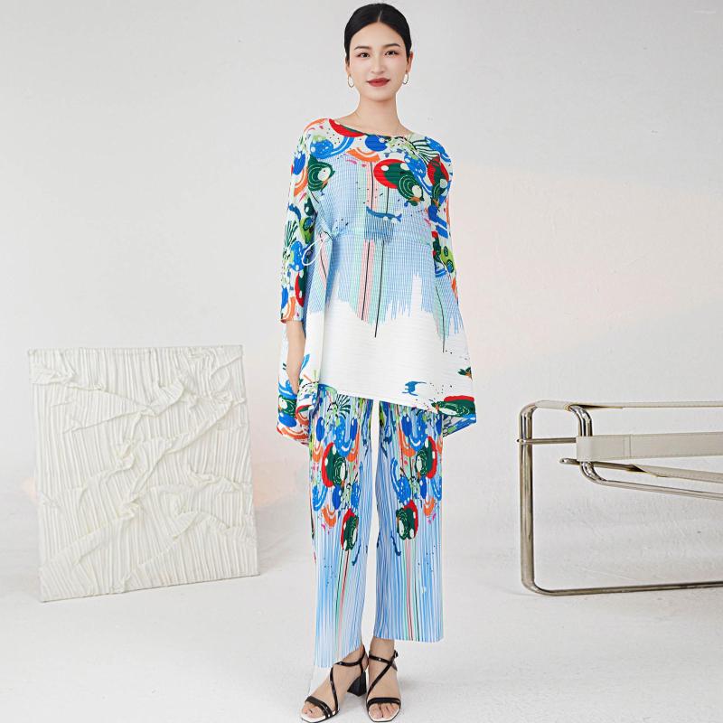 

Women's Two Piece Pants KE LA Fold Two-piece Set Fashion Loose Oversize Printed Drawstring Shirt Top Straight Women Sets, Blue
