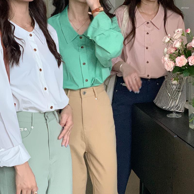 

Women's Blouses 7Colors 2023 Autumn Winter Women's Blouse Korean Chic Style Basic Shirt Women Outwear Long Sleeve Coats Tops(X2493, Green