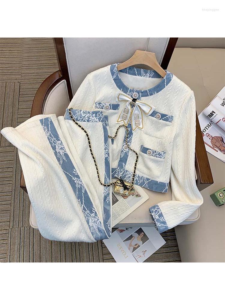 

Women's Two Piece Pants Women Elegant Office Suit Long Sleeve Bow Tops Jacket Coat Top And Pant Set Tracketsuit Denim Patchwork White