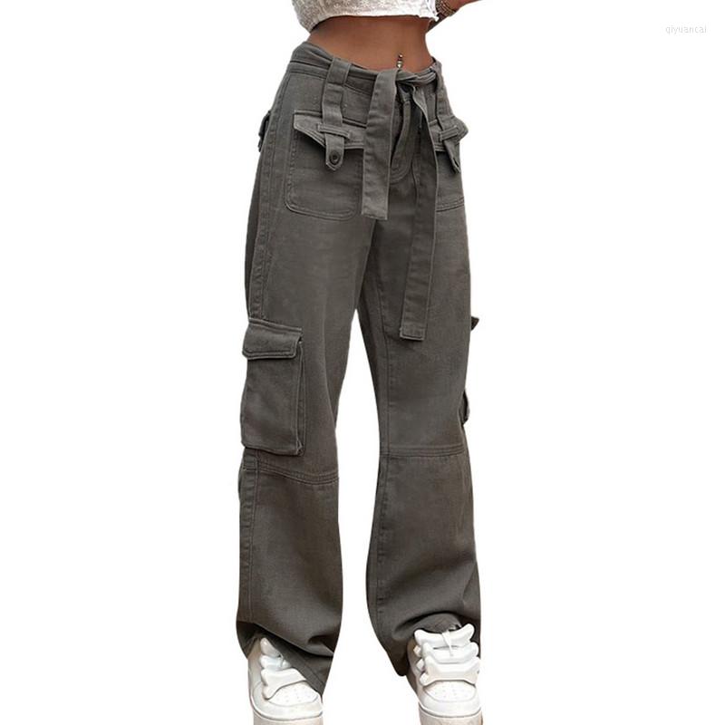 

Women' Pants Women Cargo Autumn Winter Clothes 2023 Vintage Solid Zipper Closure Casual Daily Straight Trousers With Pockets And Belt