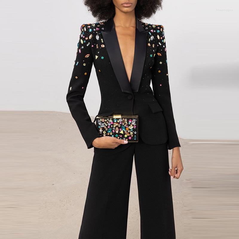 

Women' Two Piece Pants European And American Fashion Heavy Industry Beading Colored Diamond Slim Suit Jacket Micro-pull Trousers Set Pieces, Black
