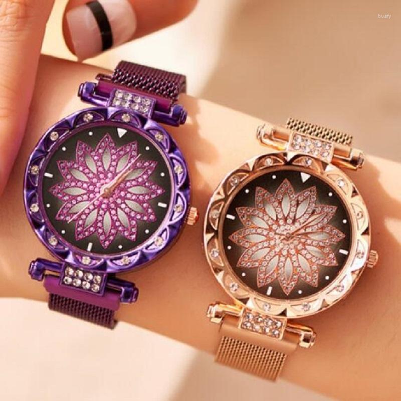 

Wristwatches Luxury Women Watches Ladies Magnetic Starry Sky Watch Fashion Diamond Female Quartz Relogio Feminino Zegarek Damski, Purple