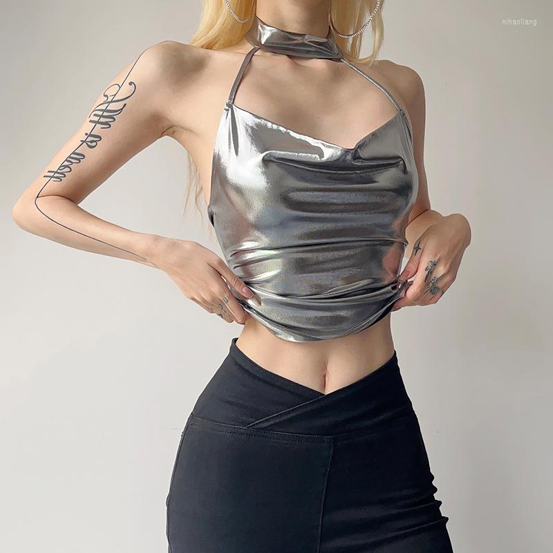 

Women' Tanks 2023 Spring Women' Solid Color Slim Fit Street Fashion Hanging Neck Sexy Backless Tank Top, Silver