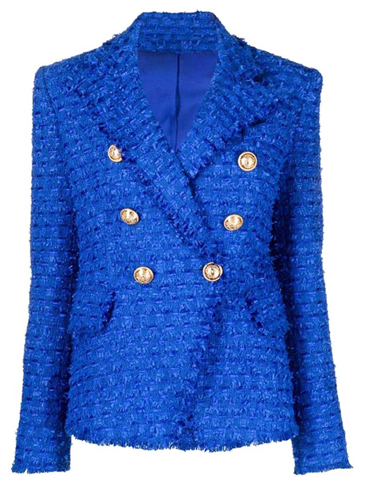 

Pants HIGH STREET Newest 2022 Designer Jacket Fashion Women's Classic Slim Fitting Double Breasted Lion Buttons Fringed Tweed Blazer, Royal blue