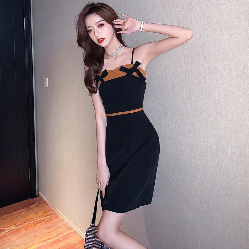

Casual Dresses Bow Knot Dress Female 2023 Fashion Temperament Versatile Contrast Color Little Black Slim Party Sexy Sling