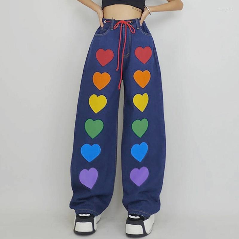 

Women' Jeans Y2k Casual Streetwear Baggy Straight Leg Drawstring High Waist For Women Rainbow Love Graphic Print Denim Trousers 2023, Blue