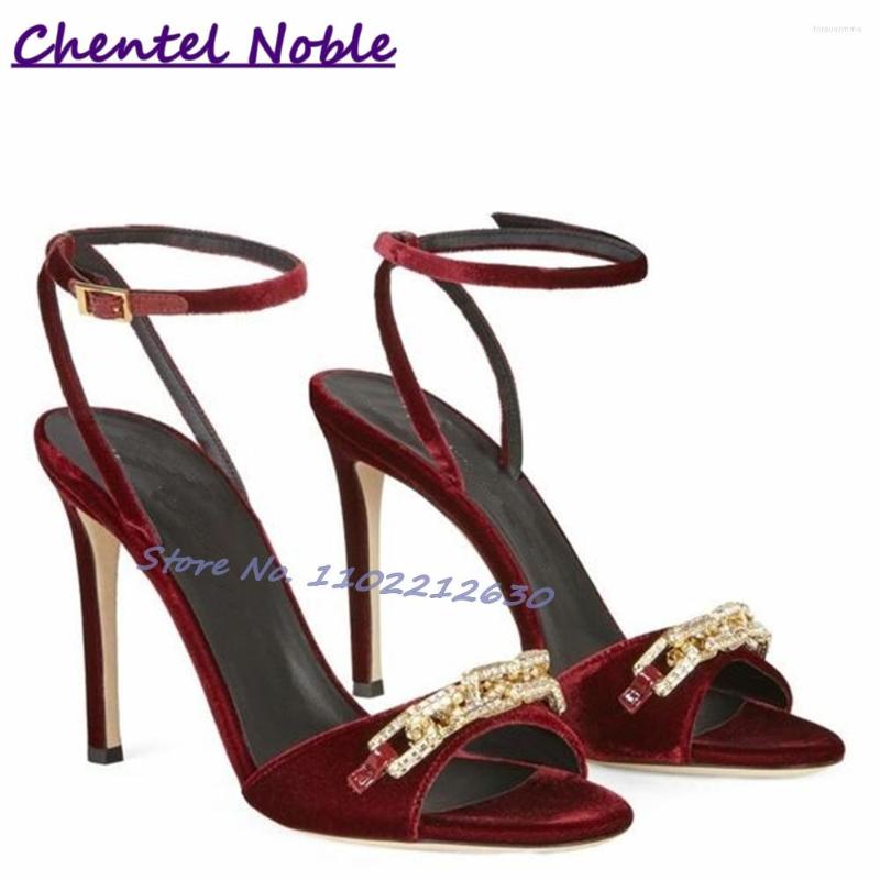 

Sandals Red Suede Bling Metal Chain Open Toe Sexy Thin High Heels Summer Fashion All Match Women Shoes Party Dress Stilettos, Picture shown